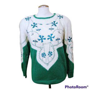 Vintage Womens Fuzzy Knit Sweater Beaded Soft Cozy Teal White Size Large